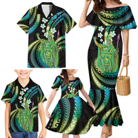 Hawaii King Kamehameha Family Matching Mermaid Dress and Hawaiian Shirt Fantastic Plumeria Chartreuse Cyan LT01 - Polynesian Pride
