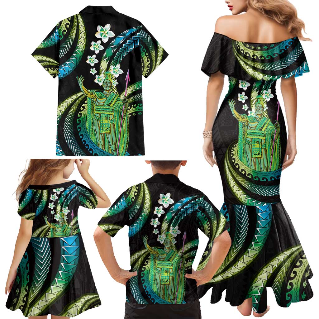 Hawaii King Kamehameha Family Matching Mermaid Dress and Hawaiian Shirt Fantastic Plumeria Chartreuse Cyan LT01 - Polynesian Pride