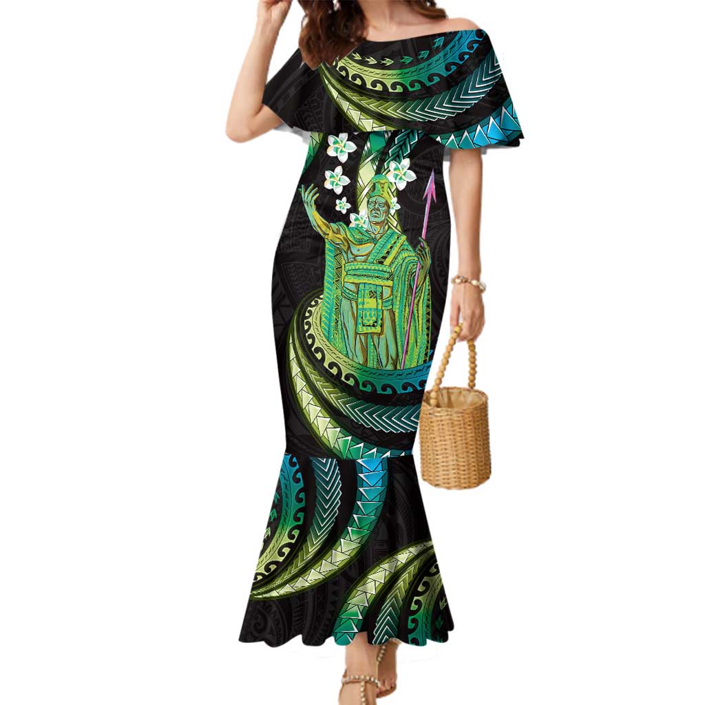 Hawaii King Kamehameha Family Matching Mermaid Dress and Hawaiian Shirt Fantastic Plumeria Chartreuse Cyan LT01 Mom's Dress Cyan - Polynesian Pride