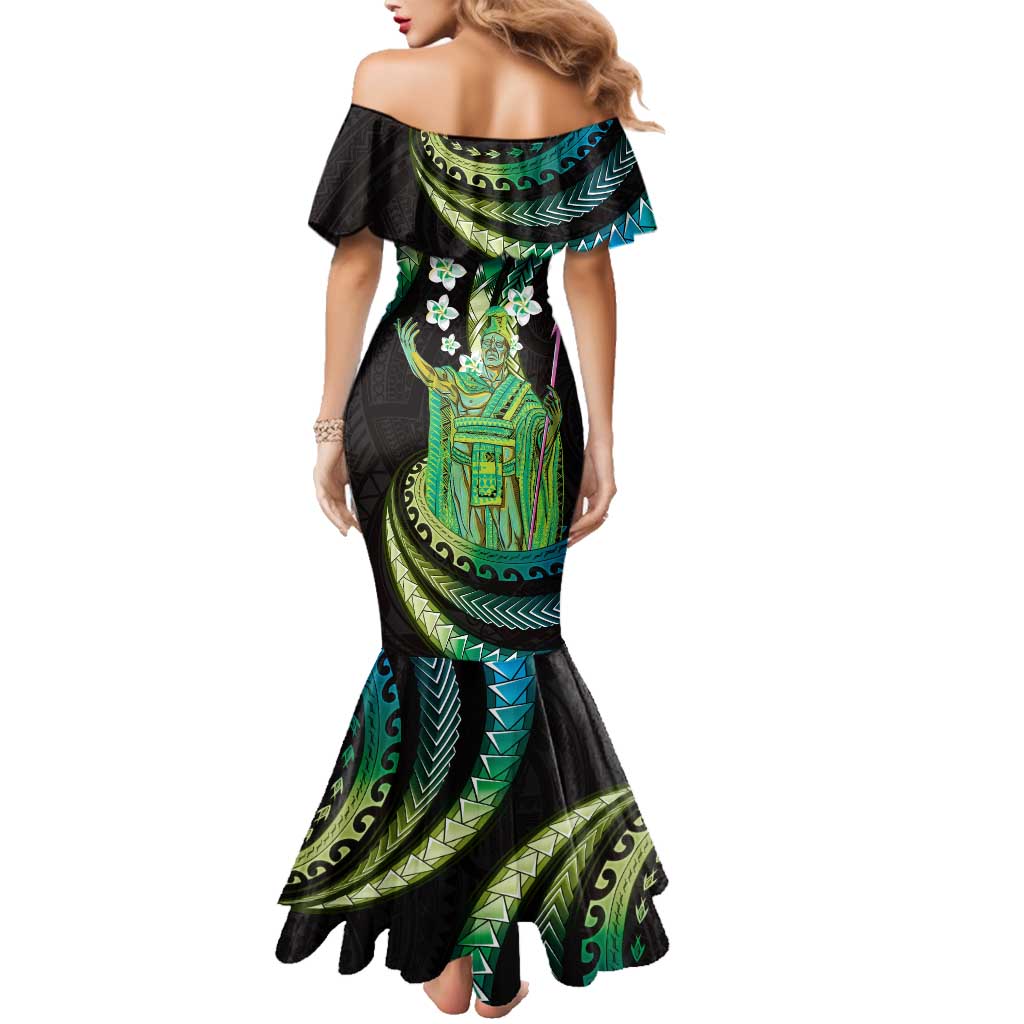 Hawaii King Kamehameha Family Matching Mermaid Dress and Hawaiian Shirt Fantastic Plumeria Chartreuse Cyan LT01 - Polynesian Pride