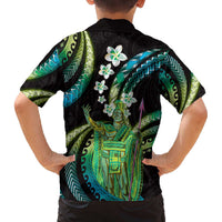 Hawaii King Kamehameha Family Matching Off The Shoulder Long Sleeve Dress and Hawaiian Shirt Fantastic Plumeria Chartreuse Cyan LT01 - Polynesian Pride