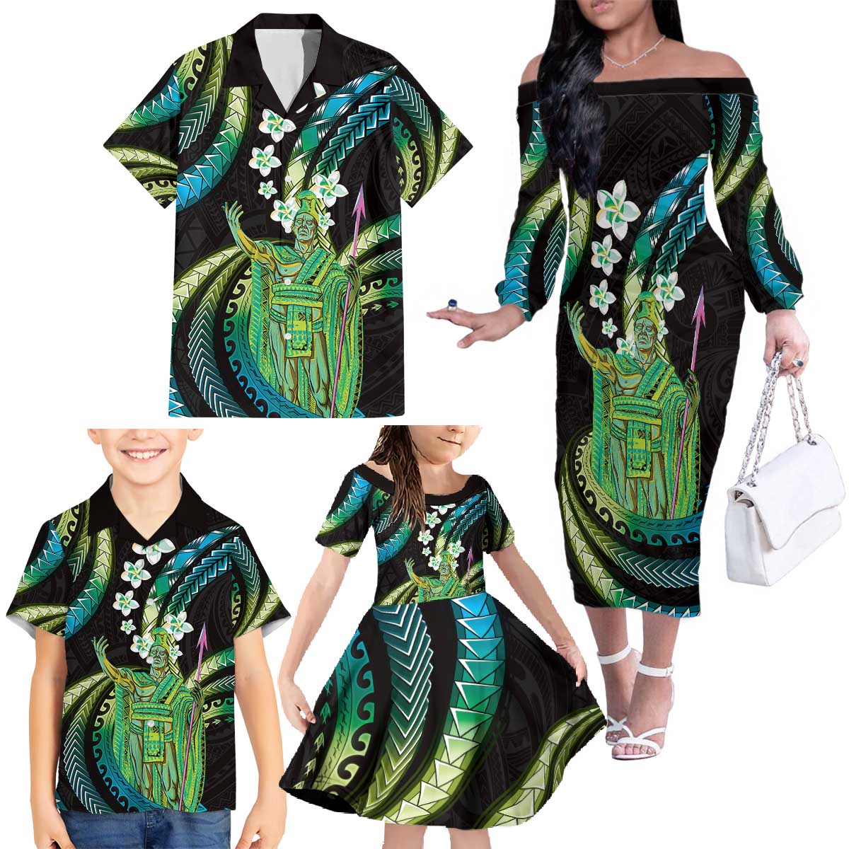 Hawaii King Kamehameha Family Matching Off The Shoulder Long Sleeve Dress and Hawaiian Shirt Fantastic Plumeria Chartreuse Cyan LT01 - Polynesian Pride
