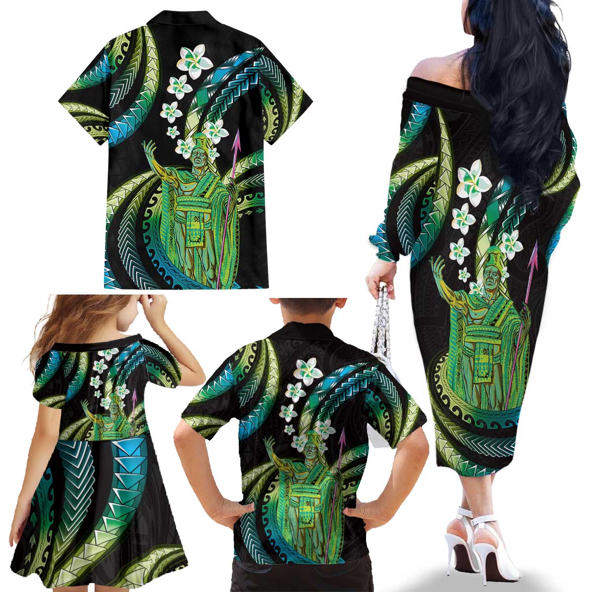 Hawaii King Kamehameha Family Matching Off The Shoulder Long Sleeve Dress and Hawaiian Shirt Fantastic Plumeria Chartreuse Cyan LT01 - Polynesian Pride