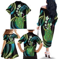 Hawaii King Kamehameha Family Matching Off The Shoulder Long Sleeve Dress and Hawaiian Shirt Fantastic Plumeria Chartreuse Cyan LT01 - Polynesian Pride