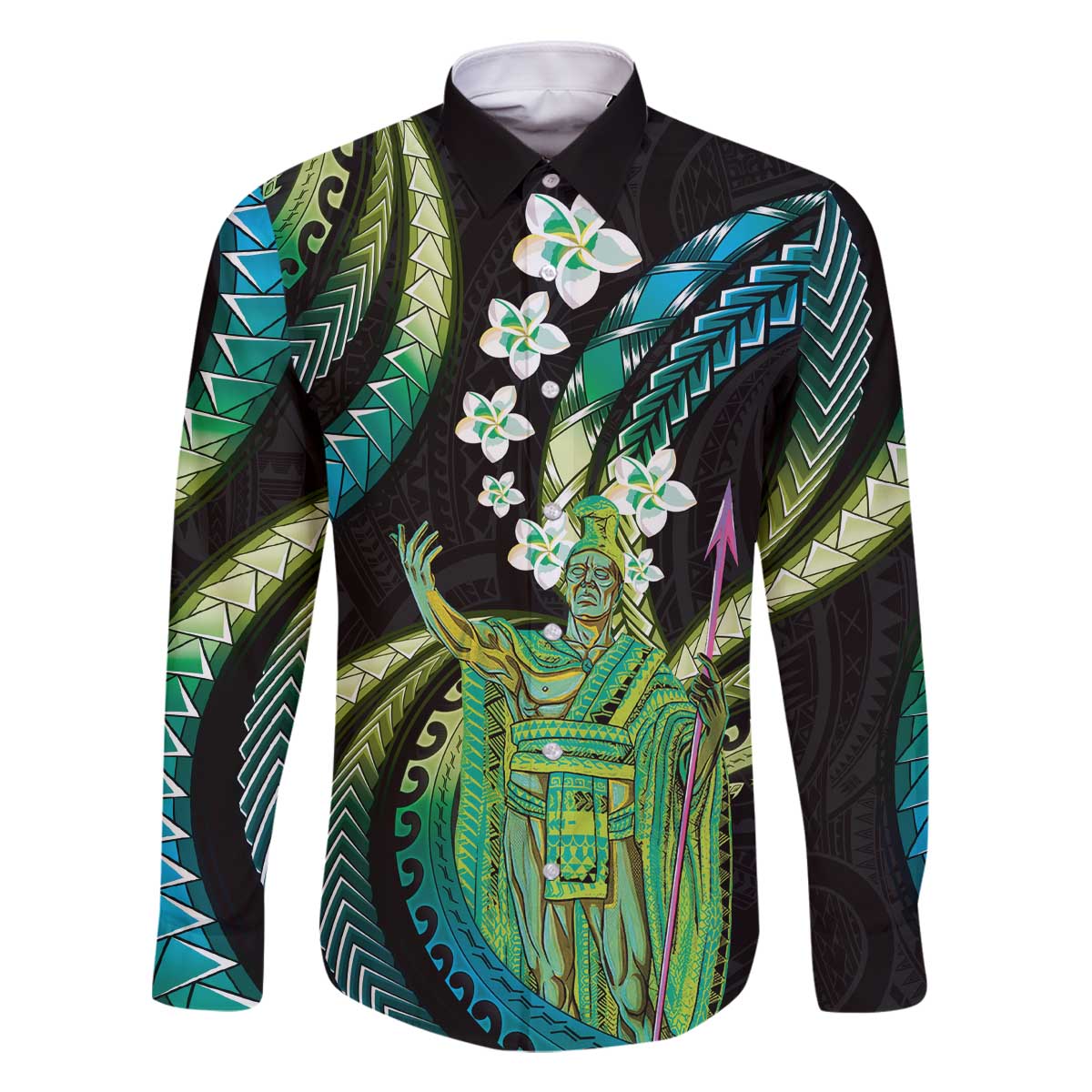 Hawaii King Kamehameha Family Matching Off The Shoulder Long Sleeve Dress and Hawaiian Shirt Fantastic Plumeria Chartreuse Cyan LT01 Dad's Shirt - Long Sleeve Cyan - Polynesian Pride