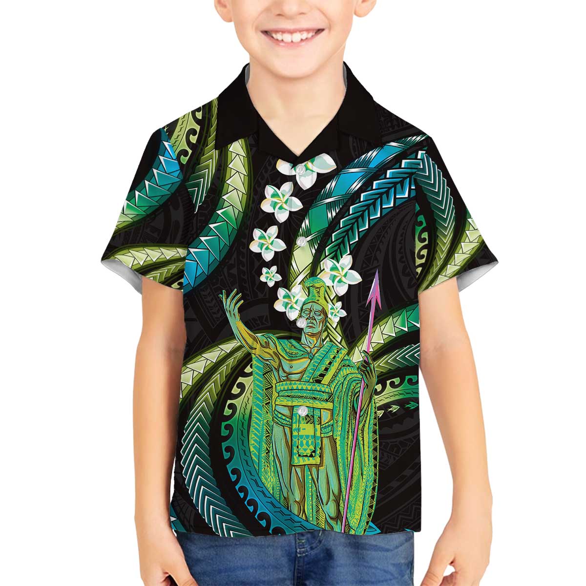Hawaii King Kamehameha Family Matching Off The Shoulder Long Sleeve Dress and Hawaiian Shirt Fantastic Plumeria Chartreuse Cyan LT01 Son's Shirt Cyan - Polynesian Pride