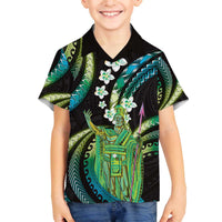 Hawaii King Kamehameha Family Matching Off The Shoulder Long Sleeve Dress and Hawaiian Shirt Fantastic Plumeria Chartreuse Cyan LT01 Son's Shirt Cyan - Polynesian Pride