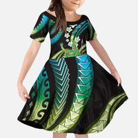 Hawaii King Kamehameha Family Matching Off Shoulder Maxi Dress and Hawaiian Shirt Fantastic Plumeria Chartreuse Cyan LT01 Daughter's Dress Cyan - Polynesian Pride