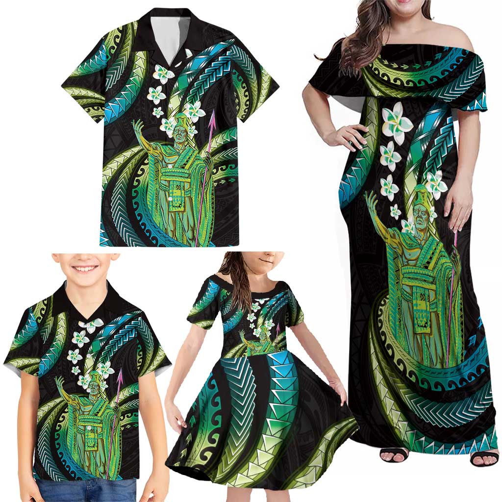 Hawaii King Kamehameha Family Matching Off Shoulder Maxi Dress and Hawaiian Shirt Fantastic Plumeria Chartreuse Cyan LT01 - Polynesian Pride