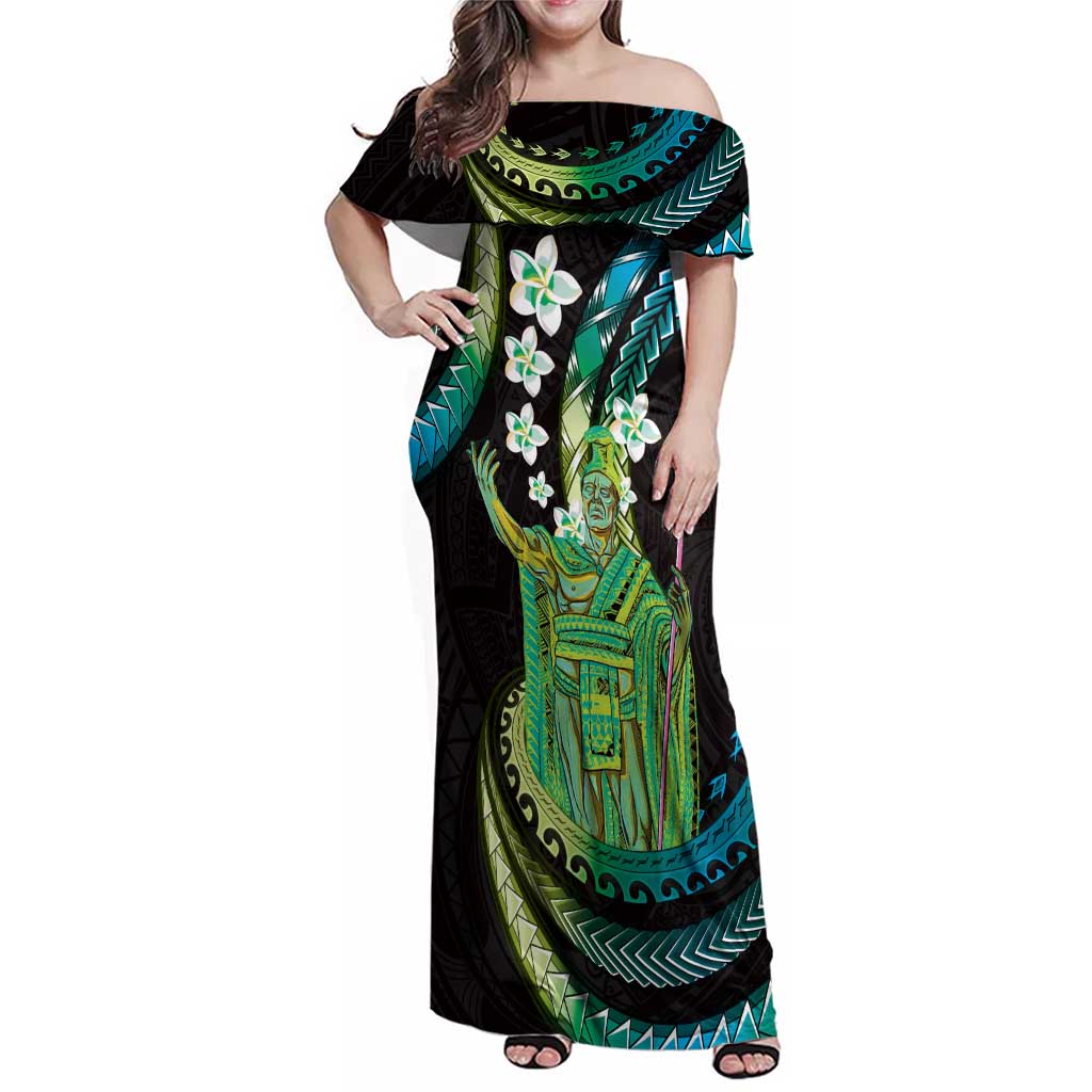 Hawaii King Kamehameha Family Matching Off Shoulder Maxi Dress and Hawaiian Shirt Fantastic Plumeria Chartreuse Cyan LT01 Mom's Dress Cyan - Polynesian Pride