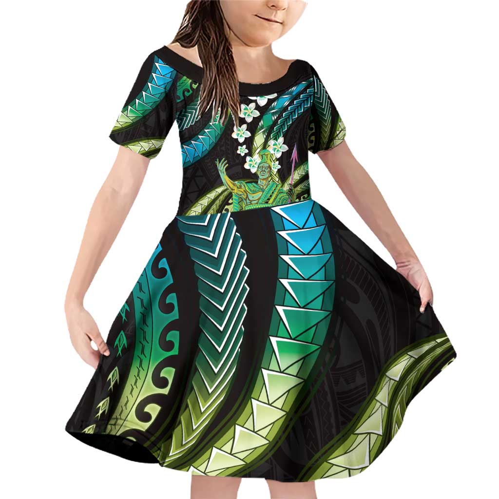 Hawaii King Kamehameha Family Matching Off Shoulder Short Dress and Hawaiian Shirt Fantastic Plumeria Chartreuse Cyan LT01 Daughter's Dress Cyan - Polynesian Pride