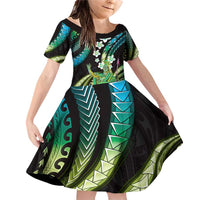 Hawaii King Kamehameha Family Matching Off Shoulder Short Dress and Hawaiian Shirt Fantastic Plumeria Chartreuse Cyan LT01 Daughter's Dress Cyan - Polynesian Pride
