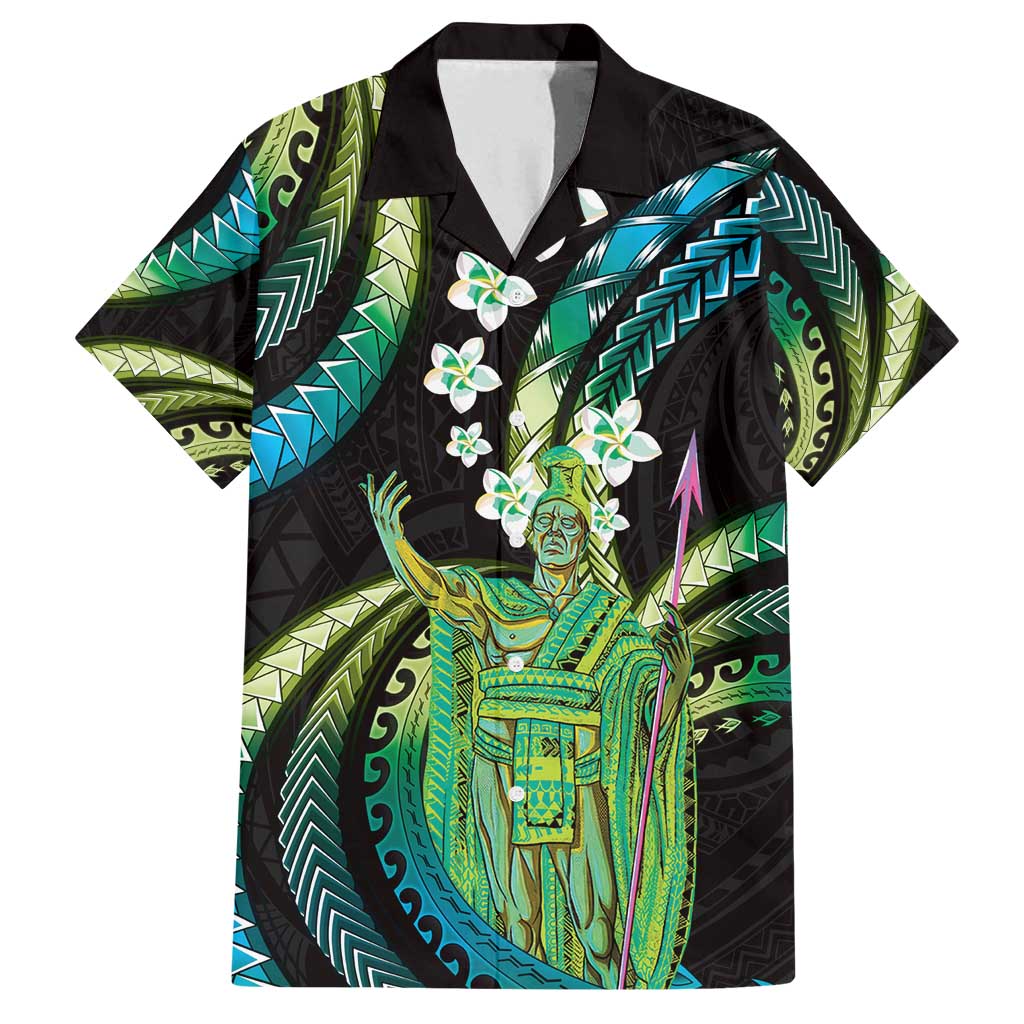 Hawaii King Kamehameha Family Matching Off Shoulder Short Dress and Hawaiian Shirt Fantastic Plumeria Chartreuse Cyan LT01 Dad's Shirt - Short Sleeve Cyan - Polynesian Pride