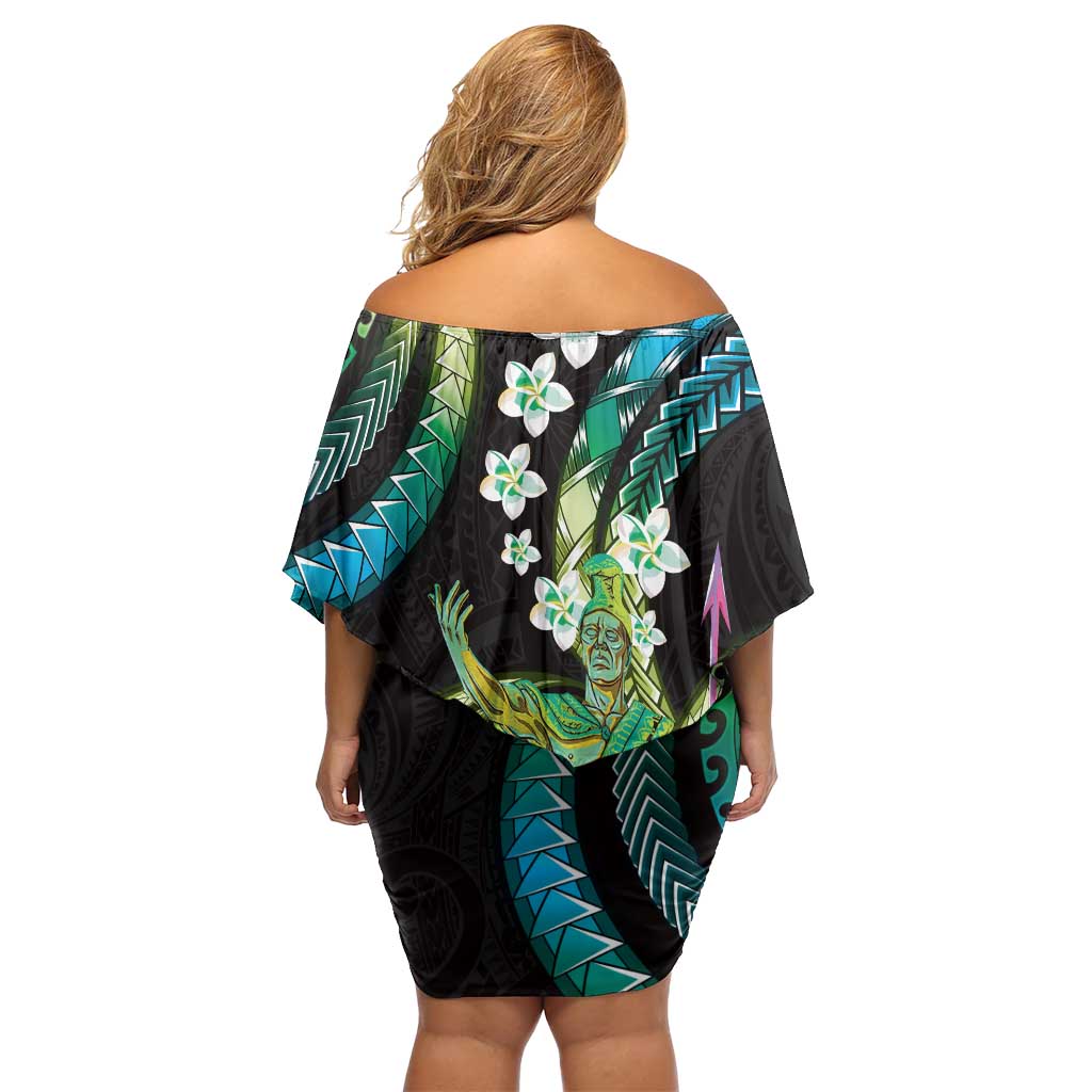 Hawaii King Kamehameha Family Matching Off Shoulder Short Dress and Hawaiian Shirt Fantastic Plumeria Chartreuse Cyan LT01 - Polynesian Pride