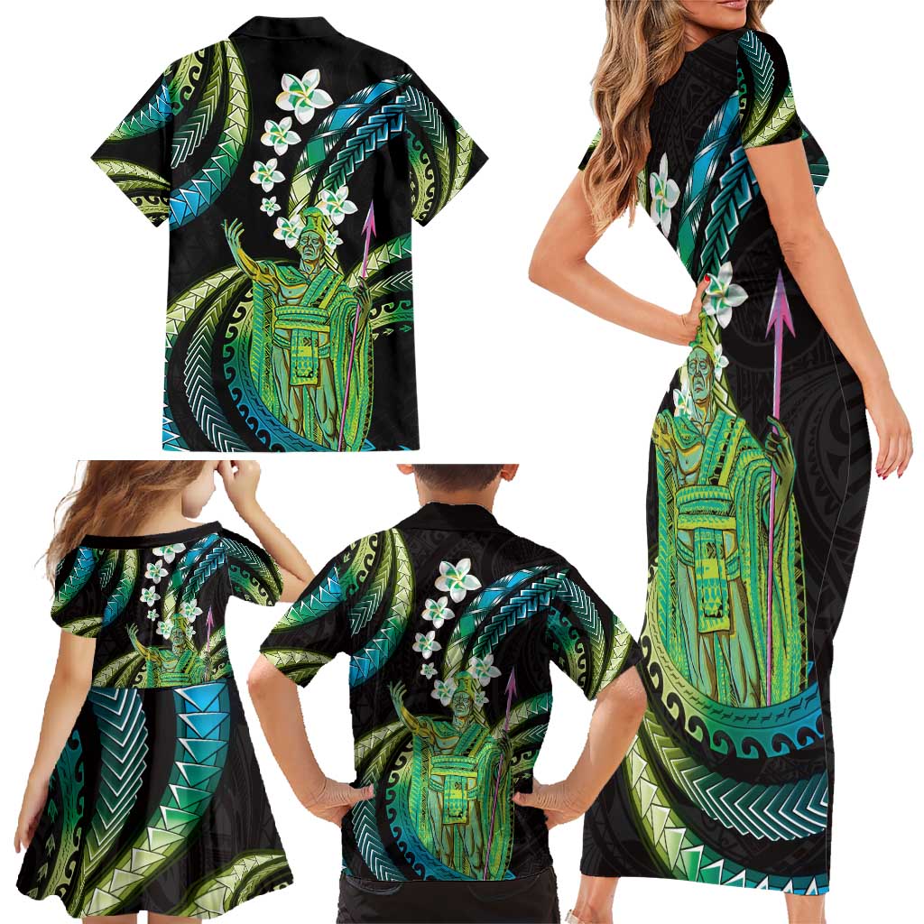Hawaii King Kamehameha Family Matching Short Sleeve Bodycon Dress and Hawaiian Shirt Fantastic Plumeria Chartreuse Cyan LT01 - Polynesian Pride