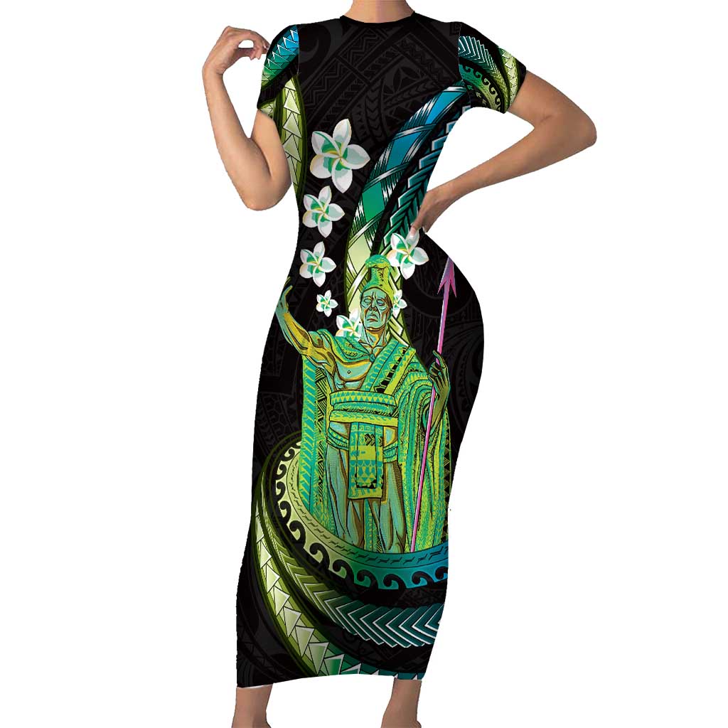 Hawaii King Kamehameha Family Matching Short Sleeve Bodycon Dress and Hawaiian Shirt Fantastic Plumeria Chartreuse Cyan LT01 Mom's Dress Cyan - Polynesian Pride