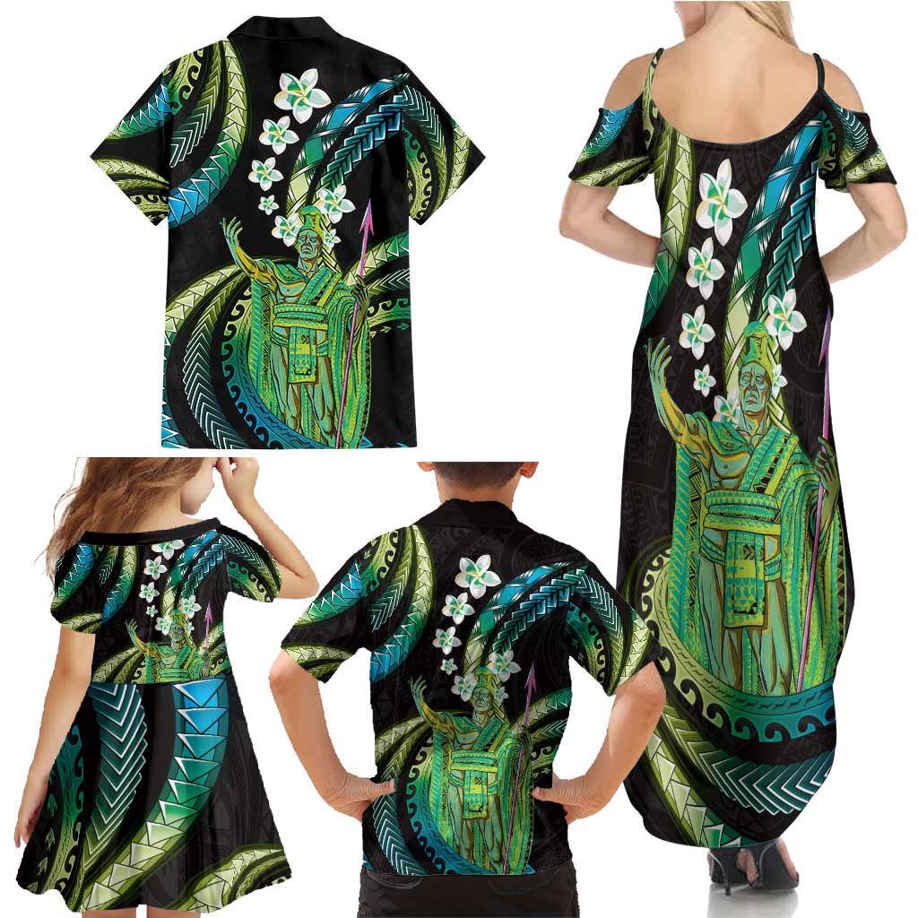 Hawaii King Kamehameha Family Matching Summer Maxi Dress and Hawaiian Shirt Fantastic Plumeria Chartreuse Cyan LT01 - Polynesian Pride