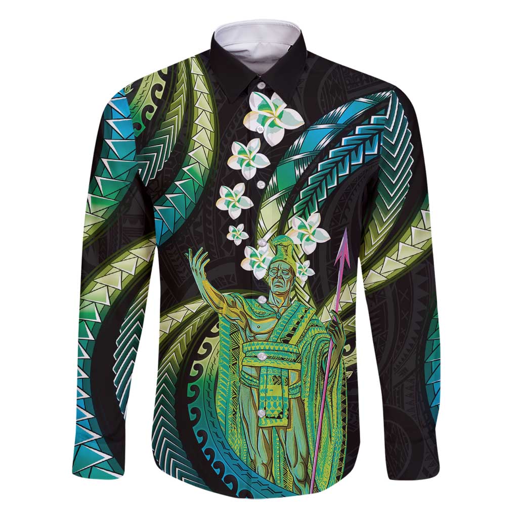 Hawaii King Kamehameha Family Matching Summer Maxi Dress and Hawaiian Shirt Fantastic Plumeria Chartreuse Cyan LT01 Dad's Shirt - Long Sleeve Cyan - Polynesian Pride