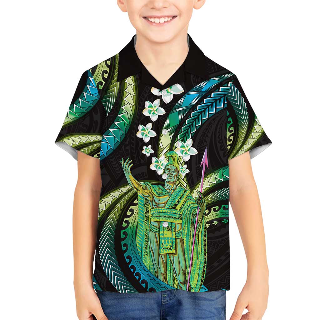 Hawaii King Kamehameha Family Matching Summer Maxi Dress and Hawaiian Shirt Fantastic Plumeria Chartreuse Cyan LT01 Son's Shirt Cyan - Polynesian Pride