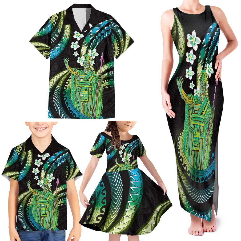 Hawaii King Kamehameha Family Matching Tank Maxi Dress and Hawaiian Shirt Fantastic Plumeria Chartreuse Cyan LT01 - Polynesian Pride