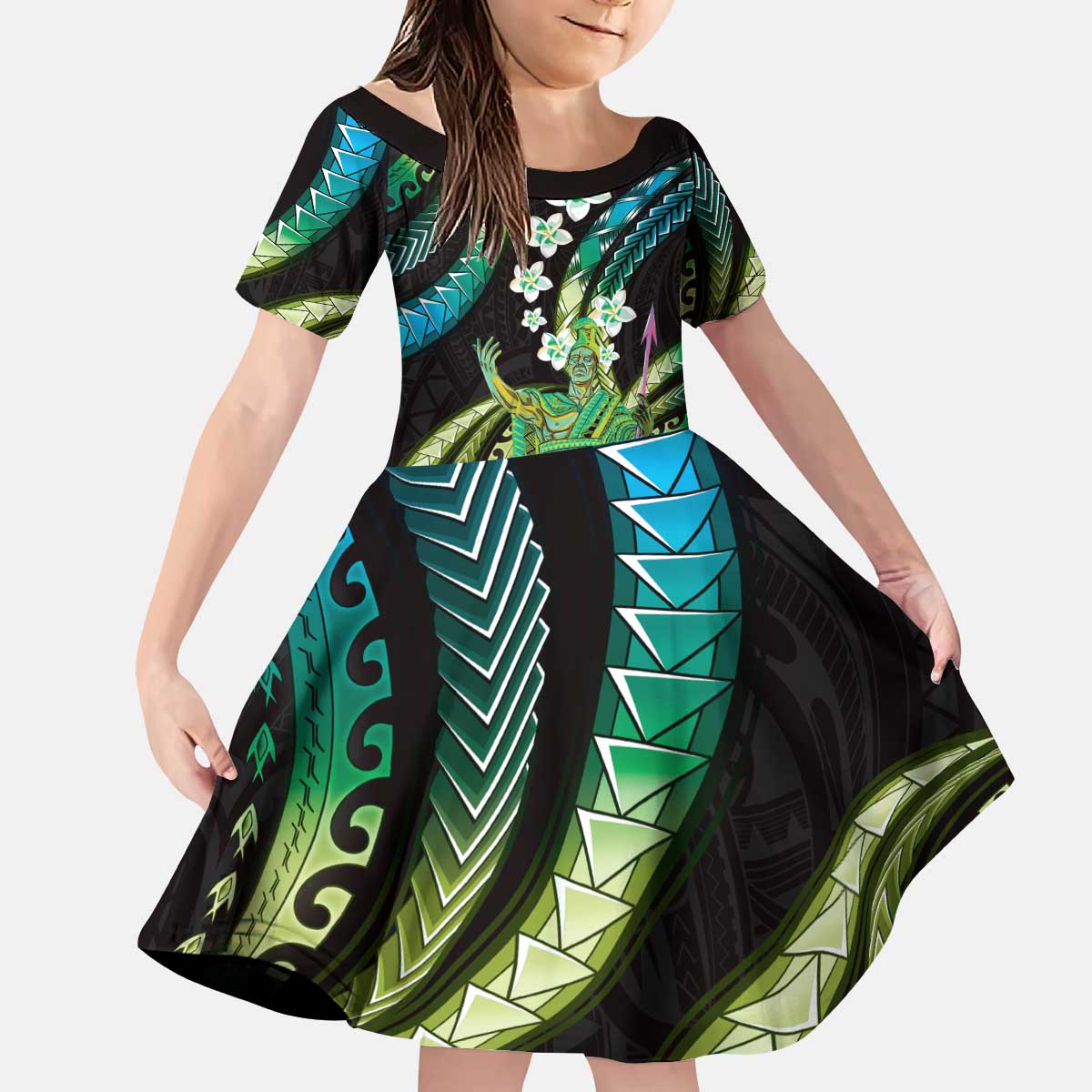 Hawaii King Kamehameha Kid Short Sleeve Dress Fantastic Plumeria Chartreuse Cyan