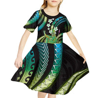 Hawaii King Kamehameha Kid Short Sleeve Dress Fantastic Plumeria Chartreuse Cyan