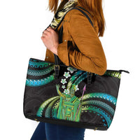 Hawaii King Kamehameha Leather Tote Bag Fantastic Plumeria Chartreuse Cyan