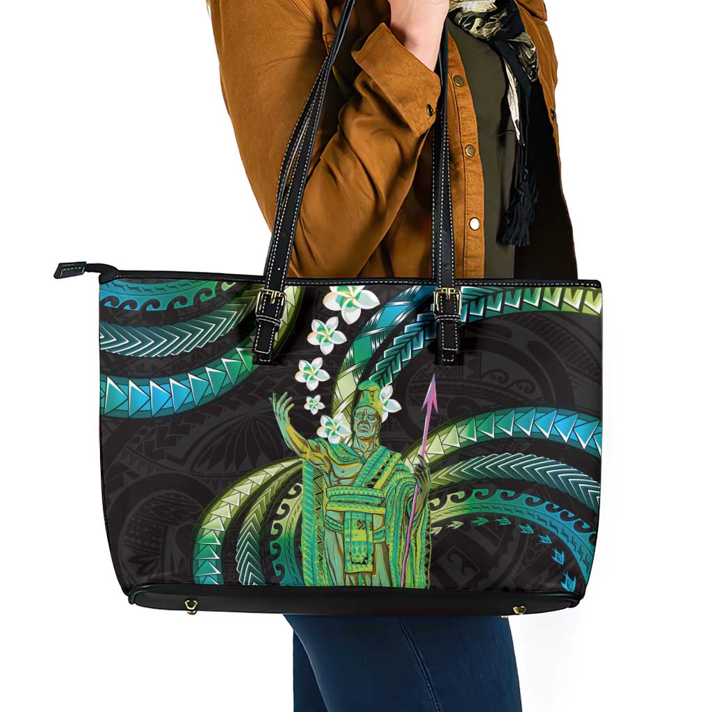 Hawaii King Kamehameha Leather Tote Bag Fantastic Plumeria Chartreuse Cyan