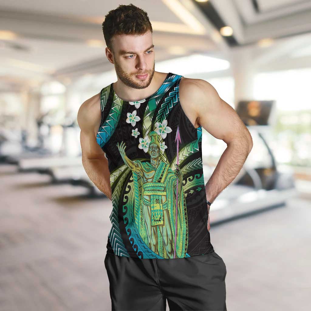 Hawaii King Kamehameha Men Tank Top Fantastic Plumeria Chartreuse Cyan