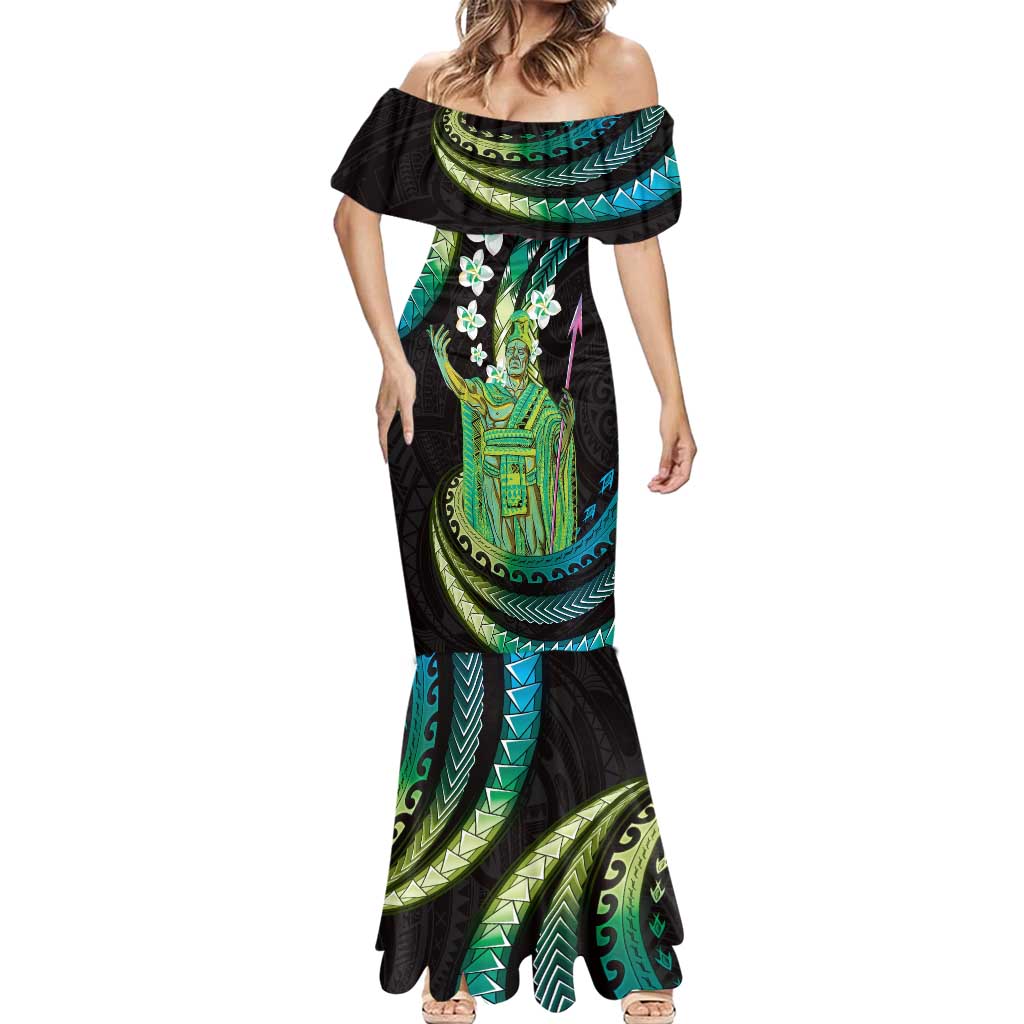 Hawaii King Kamehameha Mermaid Dress Fantastic Plumeria Chartreuse Cyan