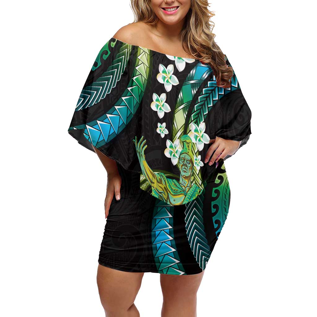 Hawaii King Kamehameha Off Shoulder Short Dress Fantastic Plumeria Chartreuse Cyan