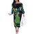 Hawaii King Kamehameha Off The Shoulder Long Sleeve Dress Fantastic Plumeria Chartreuse Cyan