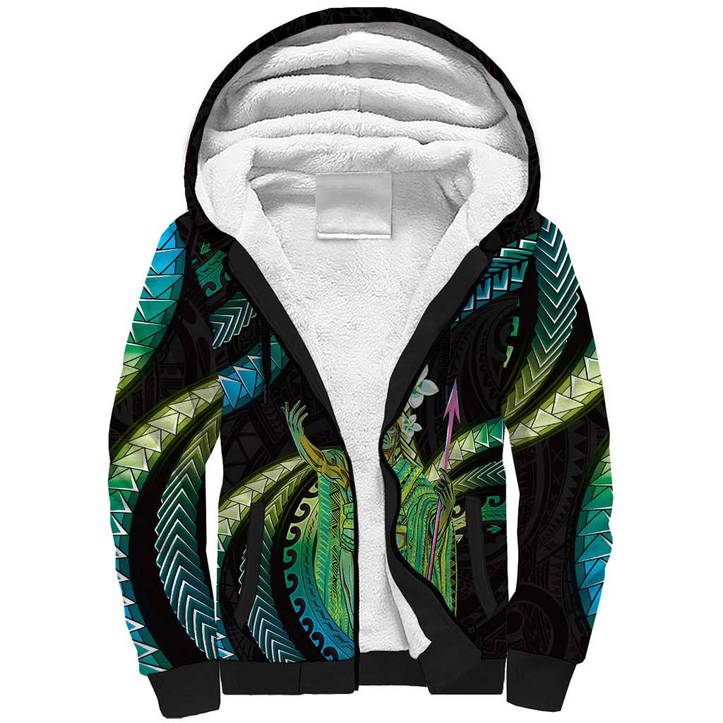Hawaii King Kamehameha Sherpa Hoodie Fantastic Plumeria Chartreuse Cyan