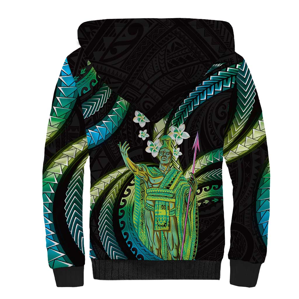 Hawaii King Kamehameha Sherpa Hoodie Fantastic Plumeria Chartreuse Cyan