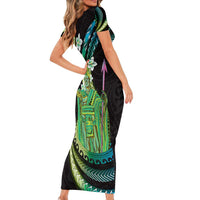 Hawaii King Kamehameha Short Sleeve Bodycon Dress Fantastic Plumeria Chartreuse Cyan