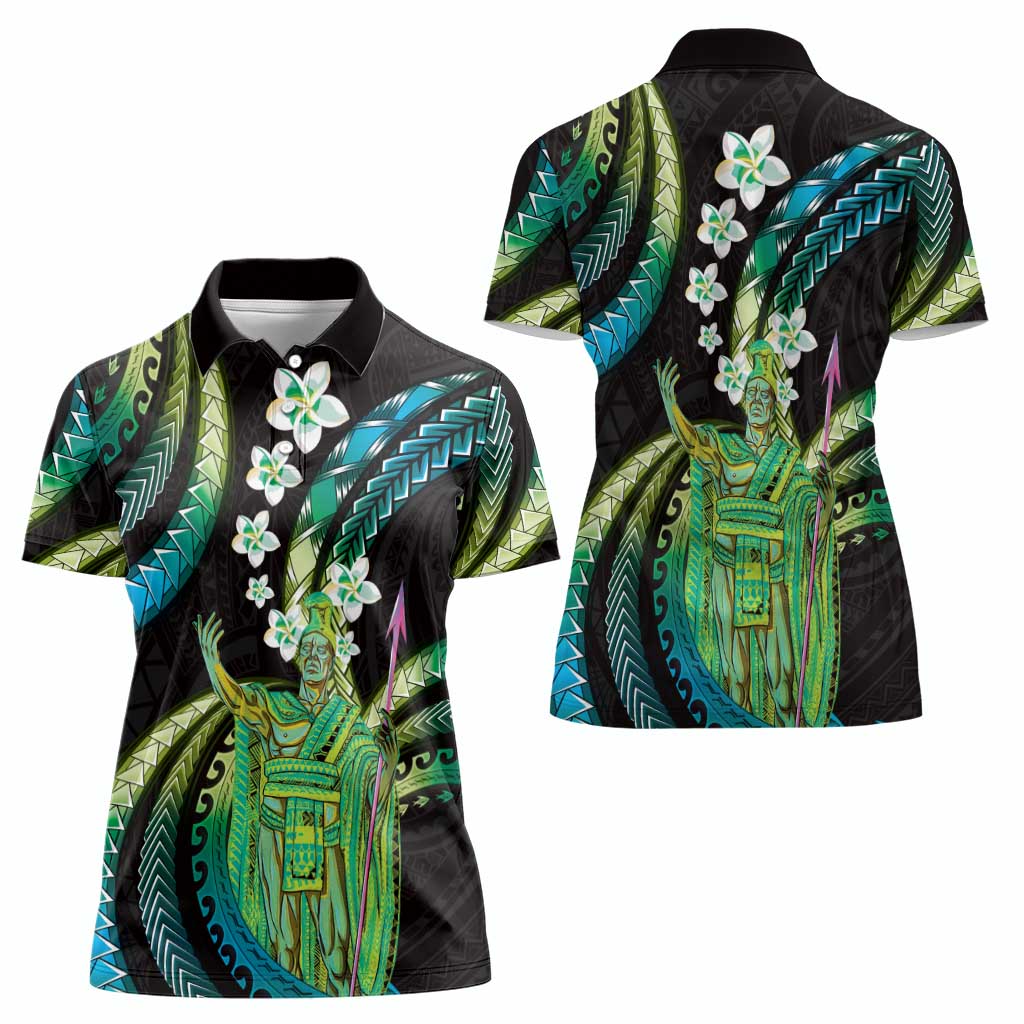 Hawaii King Kamehameha Women Polo Shirt Fantastic Plumeria Chartreuse Cyan