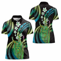 Hawaii King Kamehameha Women Polo Shirt Fantastic Plumeria Chartreuse Cyan