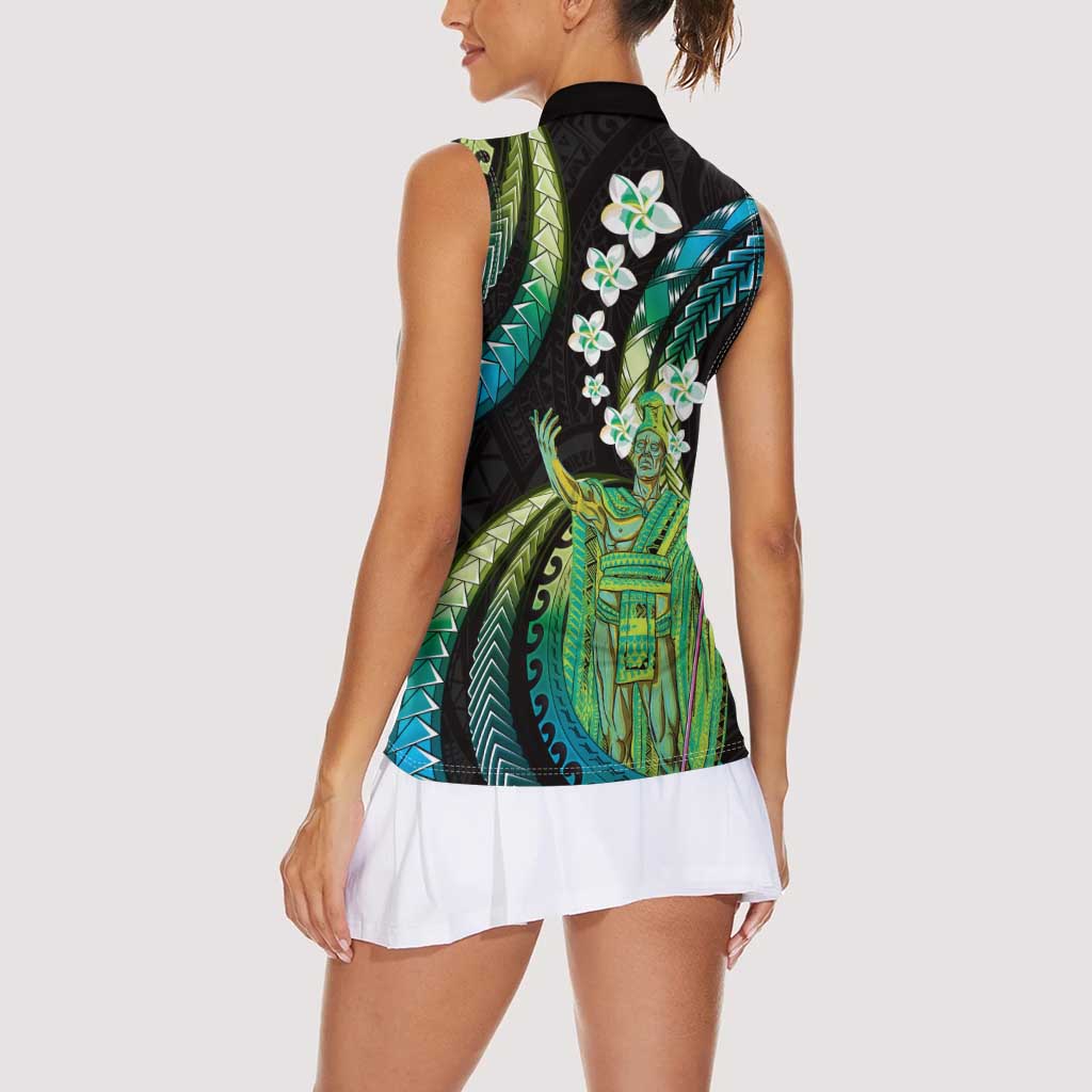 Hawaii King Kamehameha Women Sleeveless Polo Shirt Fantastic Plumeria Chartreuse Cyan
