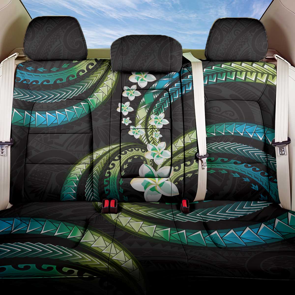 Hawaii Plumeria Back Car Seat Cover Chartreuse Cyan Polynesian Pattern
