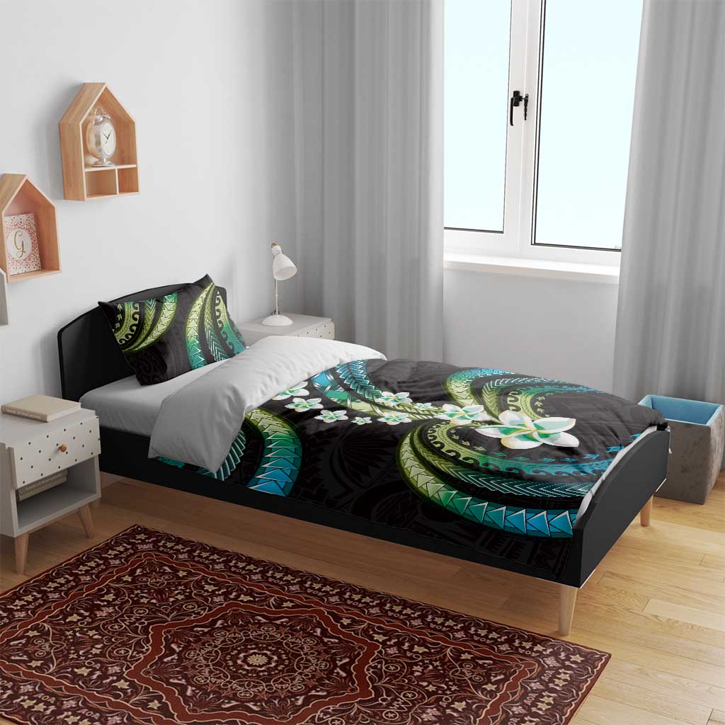 Hawaii Plumeria Bedding Set Chartreuse Cyan Polynesian Pattern