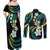 Hawaii Plumeria Couples Matching Off Shoulder Maxi Dress and Long Sleeve Button Shirt Chartreuse Cyan Polynesian Pattern
