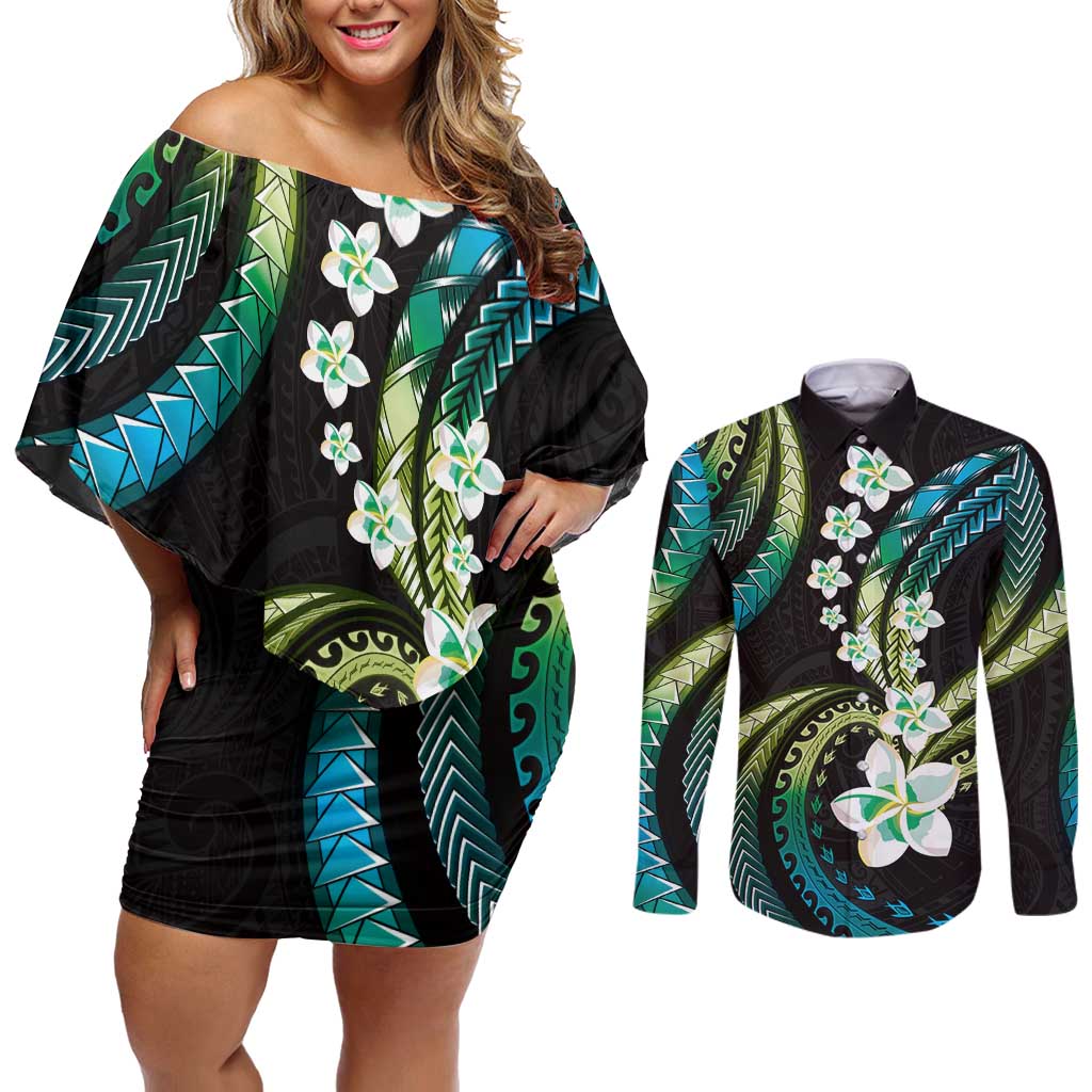 Hawaii Plumeria Couples Matching Off Shoulder Short Dress and Long Sleeve Button Shirt Chartreuse Cyan Polynesian Pattern
