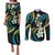 Hawaii Plumeria Couples Matching Puletasi and Long Sleeve Button Shirt Chartreuse Cyan Polynesian Pattern