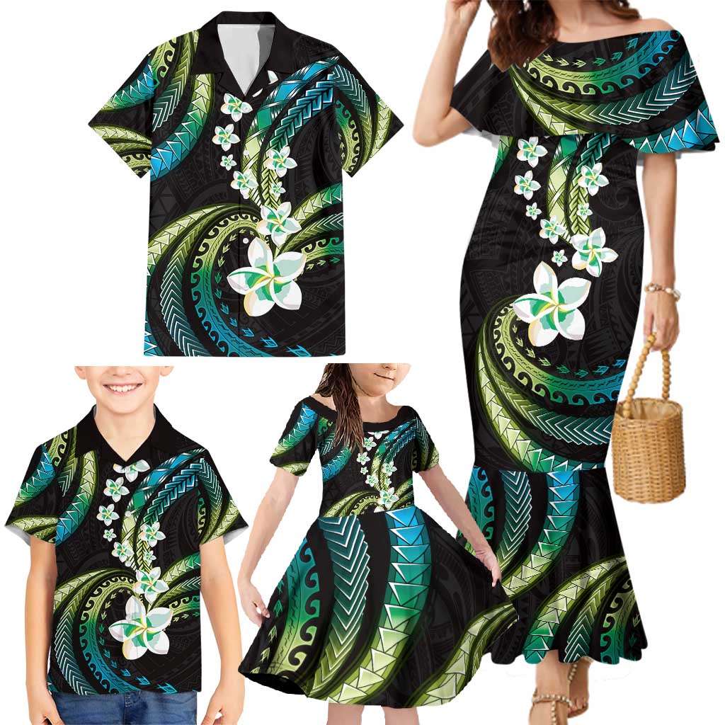 Hawaii Plumeria Family Matching Mermaid Dress and Hawaiian Shirt Chartreuse Cyan Polynesian Pattern LT01 - Polynesian Pride
