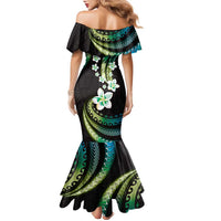Hawaii Plumeria Family Matching Mermaid Dress and Hawaiian Shirt Chartreuse Cyan Polynesian Pattern
