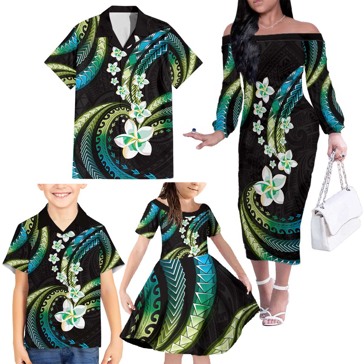 Hawaii Plumeria Family Matching Off The Shoulder Long Sleeve Dress and Hawaiian Shirt Chartreuse Cyan Polynesian Pattern LT01 - Polynesian Pride