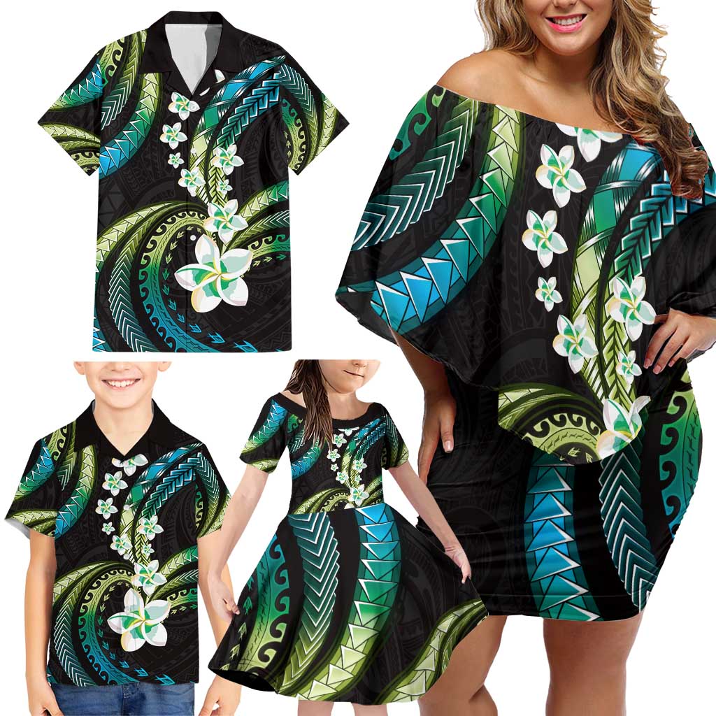 Hawaii Plumeria Family Matching Off Shoulder Short Dress and Hawaiian Shirt Chartreuse Cyan Polynesian Pattern LT01 - Polynesian Pride