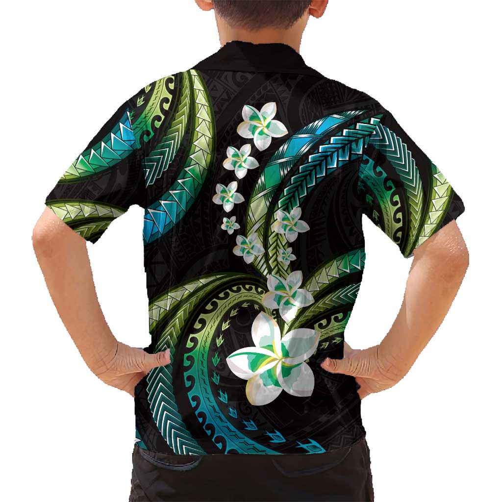 Hawaii Plumeria Family Matching Puletasi and Hawaiian Shirt Chartreuse Cyan Polynesian Pattern