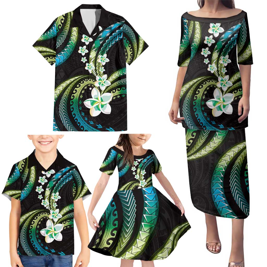 Hawaii Plumeria Family Matching Puletasi and Hawaiian Shirt Chartreuse Cyan Polynesian Pattern LT01 - Polynesian Pride