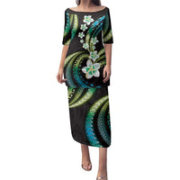 Hawaii Plumeria Family Matching Puletasi and Hawaiian Shirt Chartreuse Cyan Polynesian Pattern